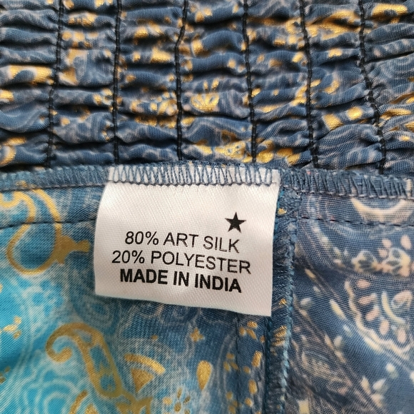 Art Silk Bohemian Blue and Red Sundress Tie Drewstring Waist Shirring Back - Picture 9 of 9